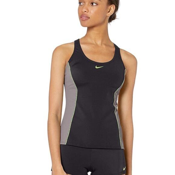 NWOT NIKE Top S Black Grey Neon-Yellow-Stripe Built-In-Bra Logo Racerback - Picture 1 of 5